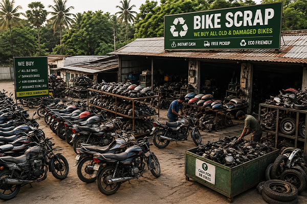 Inspection team evaluating an old motorcycle for scrap purchase